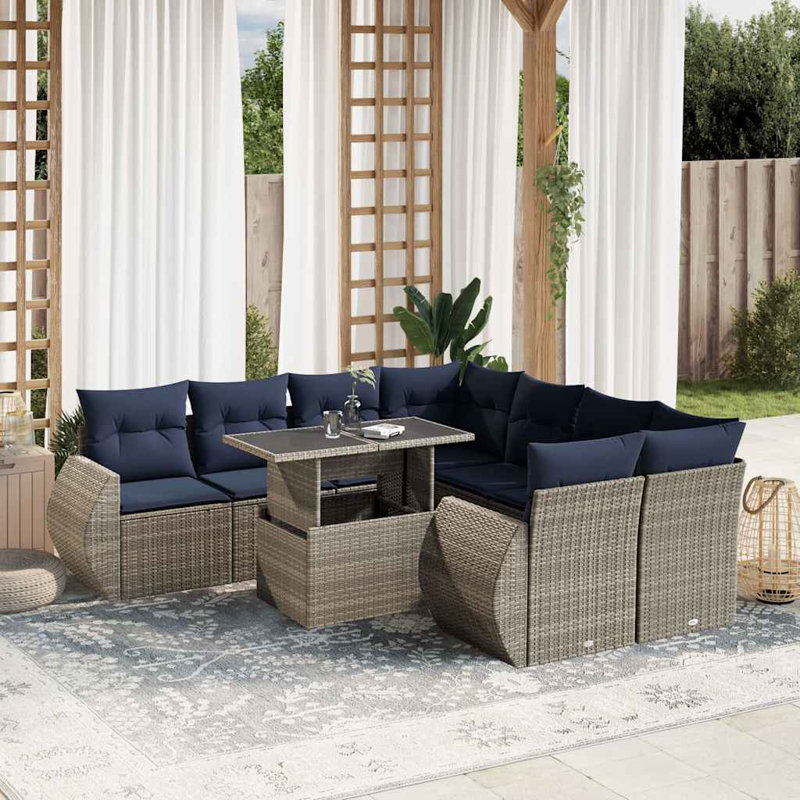 Ensemble de canapé de patio 9 pièces avec coussins en rotin de polyester, Marine, Gris