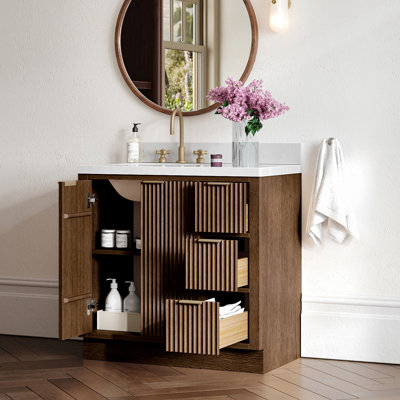 Haun 36'' Solid Wood Single Bathroom Vanity with 1.5'' Carrara Quartz Top
