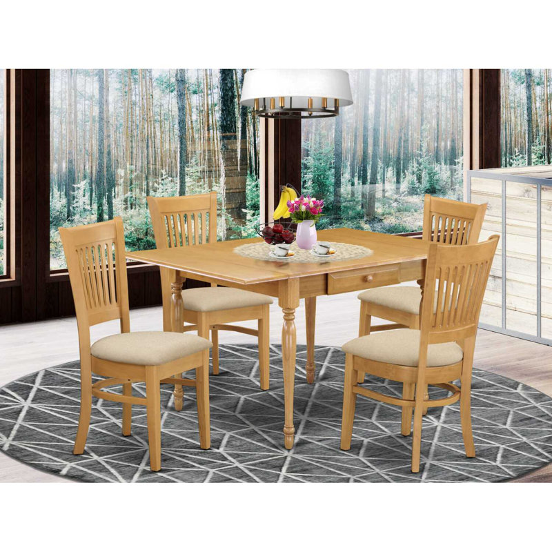 L'ensemble 5 pièces de table et chaises de cuisine comprend une table de salle à manger rectangulaire avec Dropleaf et 4 chaises rembourrées en tissu de lin, chêne