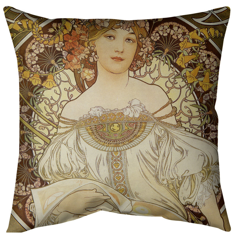 Housse de coussin euro lecture de lady alphonse mucha, Jaune, Sergé de coton