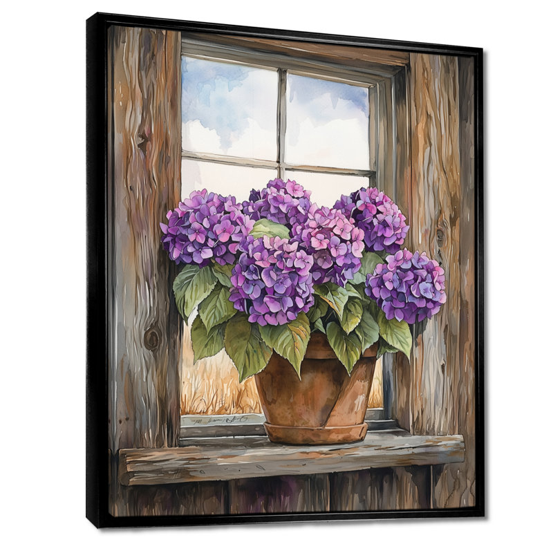 Hortensias près de la ferme - décoration murale hydrangées, Noir, Reproduction avec cadre flottant, H 20 po x l 12 po