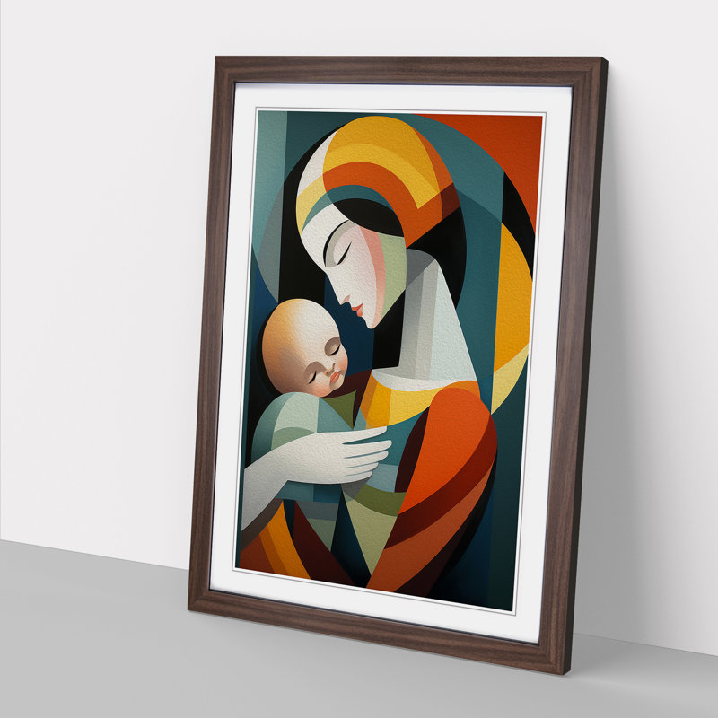 XYZ-FRM-V1223-4559 Mother And Baby Constructivism No.2 - Single Picture Frame Print on Wood, Walnut , 46cm H x 34cm W x 2cm D