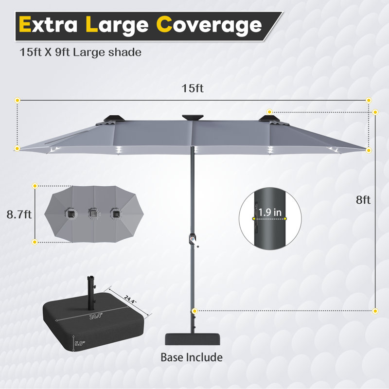 Grand parasol d'extérieur double face 15 pi avec base 15 pi, Gris