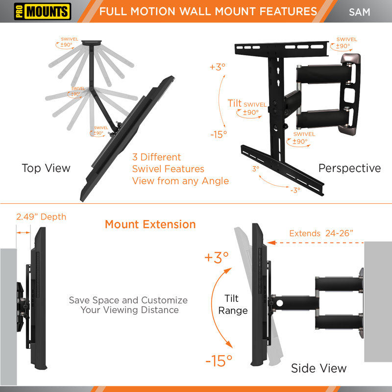 ProMounts Premium Articulating/Full Motion TV Wall Mount for 30" - 65" Screens, Holds up to 80 lbs.