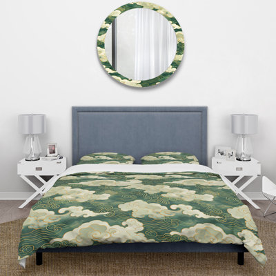 White Green Chinese Clouds II - Chinese Traditional Duvet Cover Set