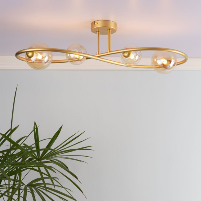 Glass Semi Flush Mount, Satin Brass, Colourful Glass, Gold