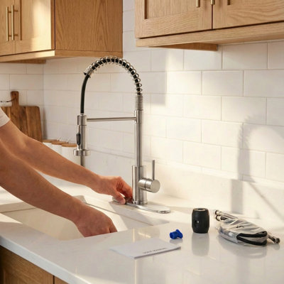 Robinet de cuisine avec douchette rétractable industrielle à 1 poignée 1 trou ou robinet à 3 trous pour lavabos de camping-car Farmhouse