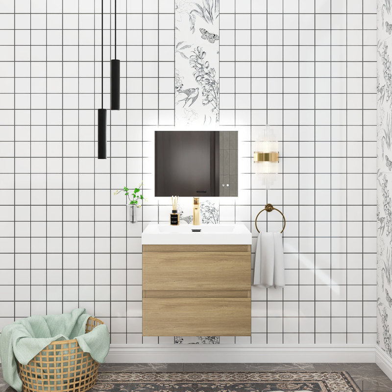 Meuble-lavabo simple avec plateau en résine Teriann, Chêne naturel