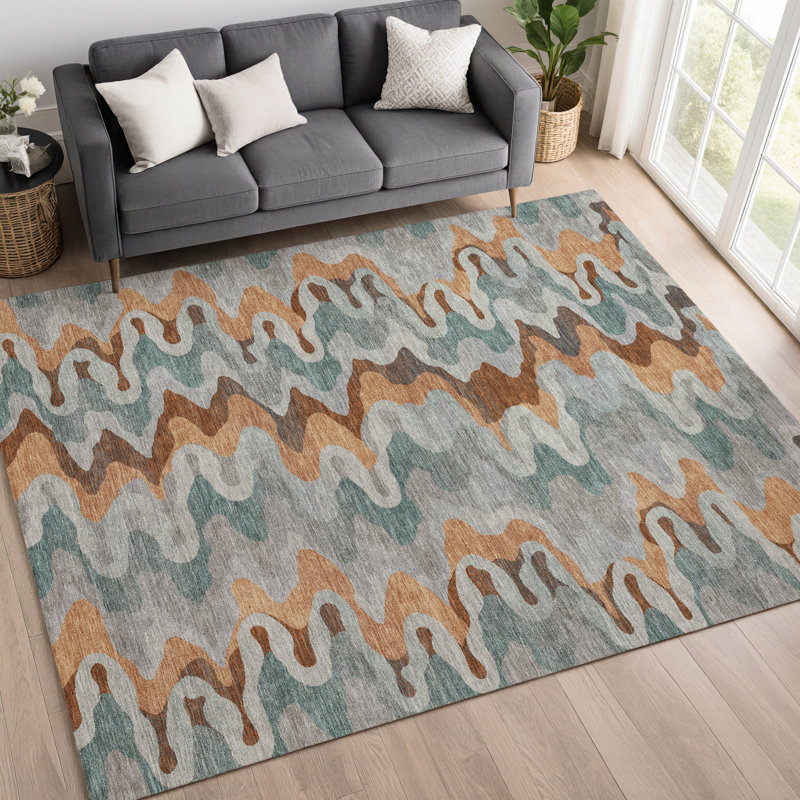 Tapis abstrait lavable à la machine intérieur / extérieur ACN2481, Argent argent, 8 pi x 10 pi