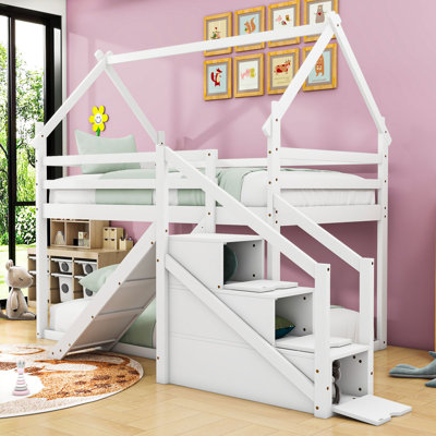 Twin Over Twin House Bunk Bed With Slide And Staircase