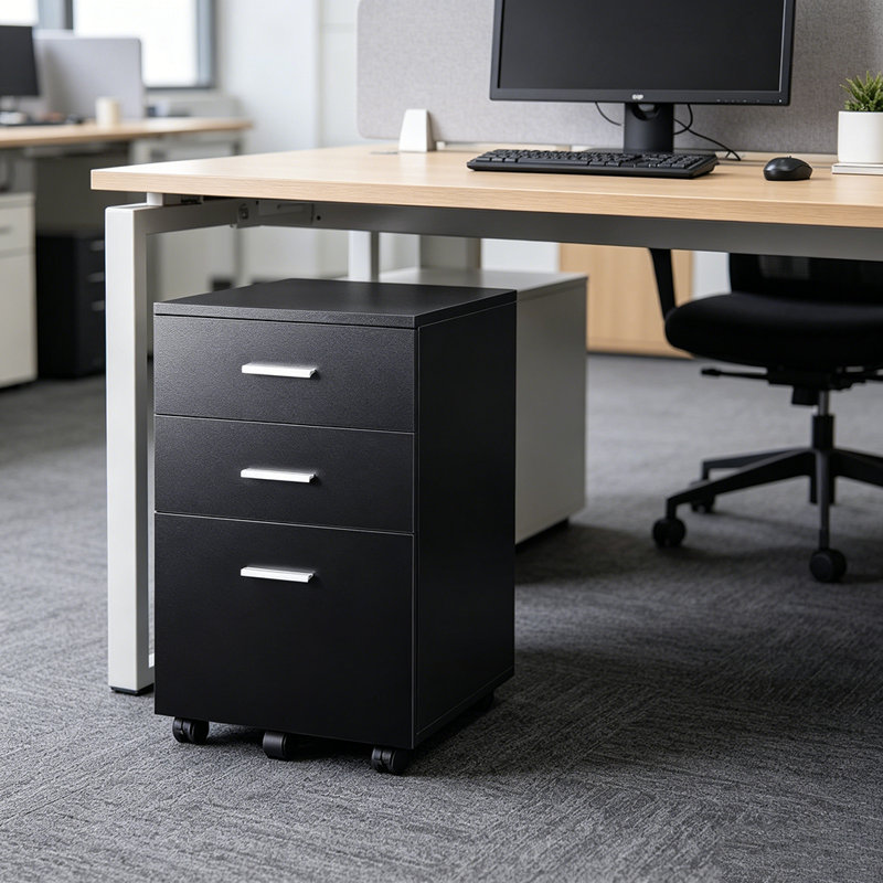 Classeur 3 tiroirs, classeur sous le bureau en bois, support d'imprimante avec roulettes pour bureau personnel, Black