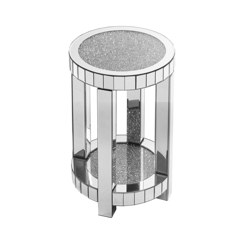 Round Mirrored End Table with Crystal Inlay and Two-Tier Open Storage in Silver