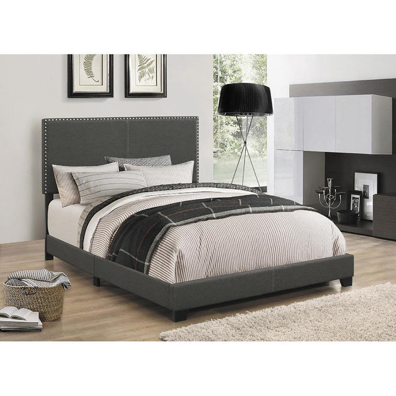 Lit double gris anthracite avec garniture cloutée, Gris anthracite, Lit double