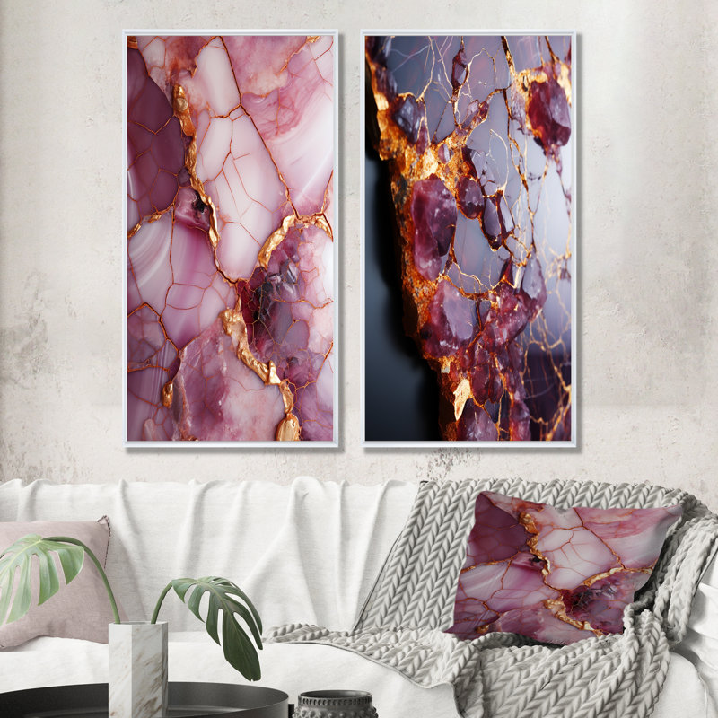 «Pink and Gold Marble River IV», ensemble de 2 impressions sur toile abstraites, Cadre flottant blanc, H 40 po x l 41 po