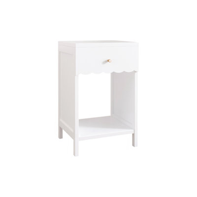 Modern White Nightstand With Drawer And Open Shelf,Scalloped Edge Bedside Table For Bedroom, Cute Minimalist Side Table For Kids Room Or Girls' Room