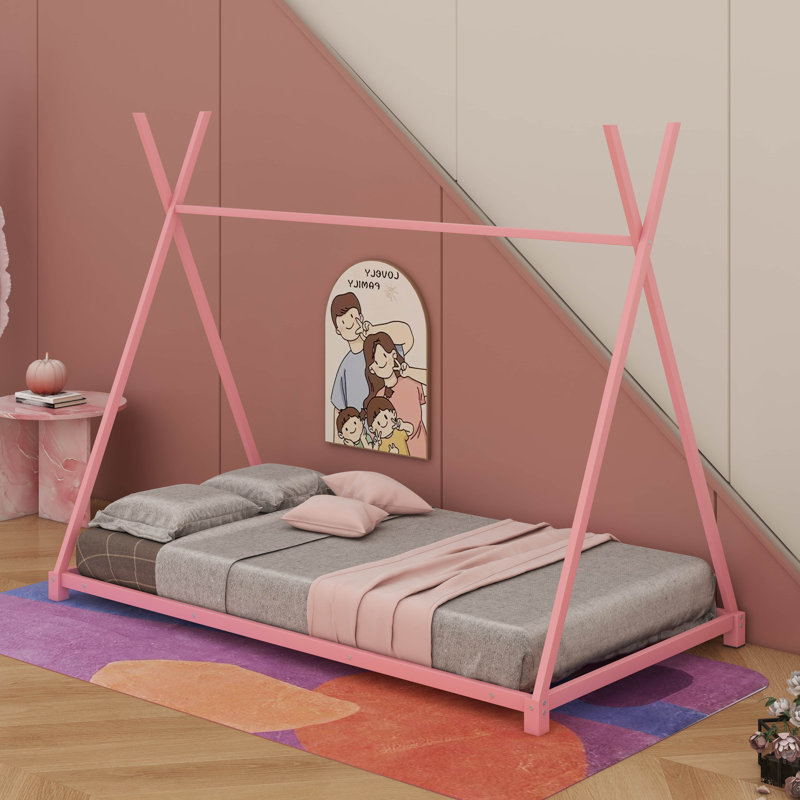 Structure de lit plateforme en métal pour lit simple avec structure triangulaire, lit de plancher avec lattes