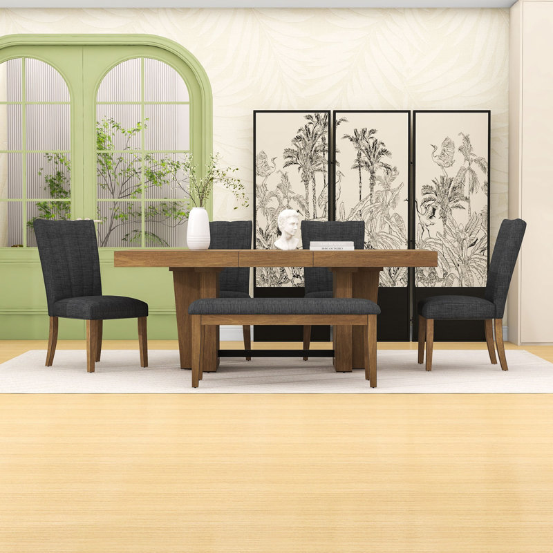 Ensemble de table de salle à manger extensible 6 pièces avec pieds à tréteaux, table et 4 chaises rembourrées Farmhouse, Gris