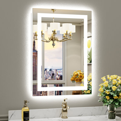Miroir de salle de bain à DEL avec lumières, rétroéclairé et éclairé à l'avant, miroirs muraux éclairés pour meuble-lavabo, écran tactile à intensité variable, antibuée, fonction mémoire, verre trempé HD, incassable, homologué ETL