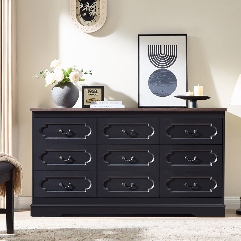 Farmhouse 59" W 9 Drawer Dresser for Bedroom, Rustic Tall Chest of Drawers for Bedroom, Black