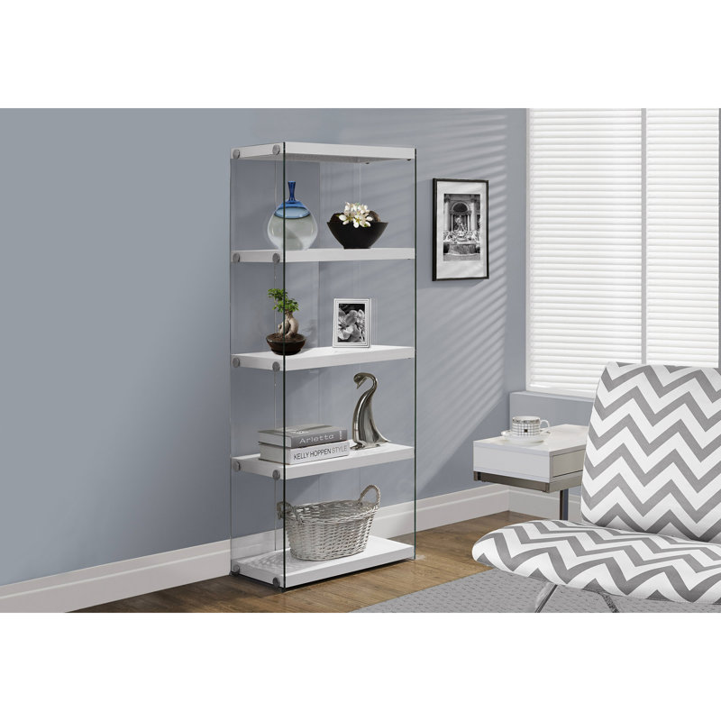 Bibliothèque, bibliothèque, étagère, 5 niveaux, H 60 po, bureau, chambre à coucher, verre trempé, blanc brillant, transparent