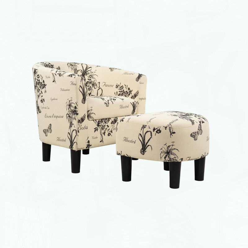 Fauteuil d'appoint d'inspiration rétro avec repose-pieds, tissu d'écriture et dossier incurvé, Blanc