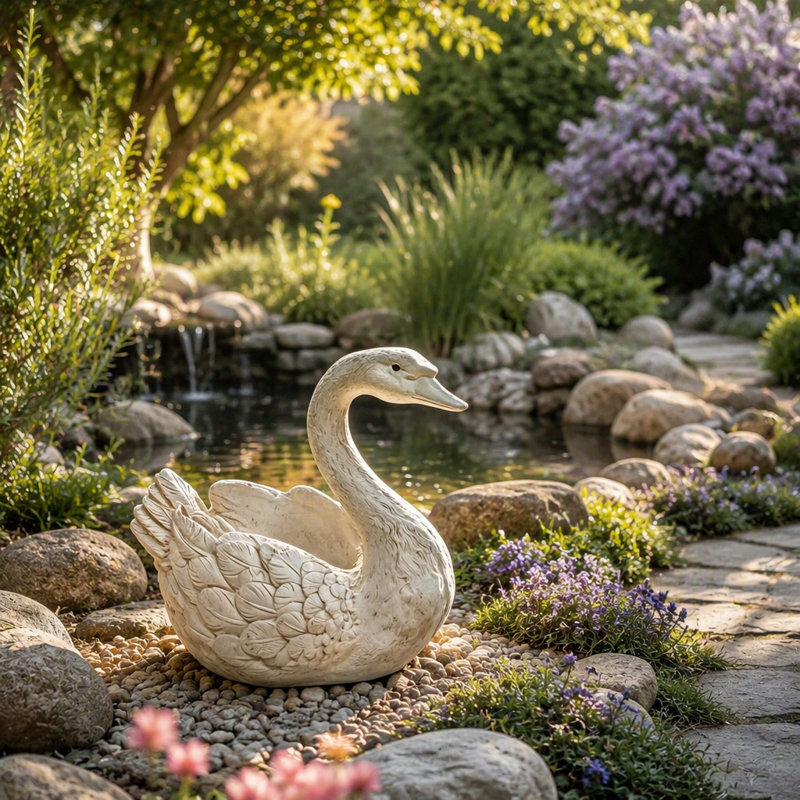 12,6 po de haut Statue de cygne en résine avec pot de fleurs et sculpture de plumes