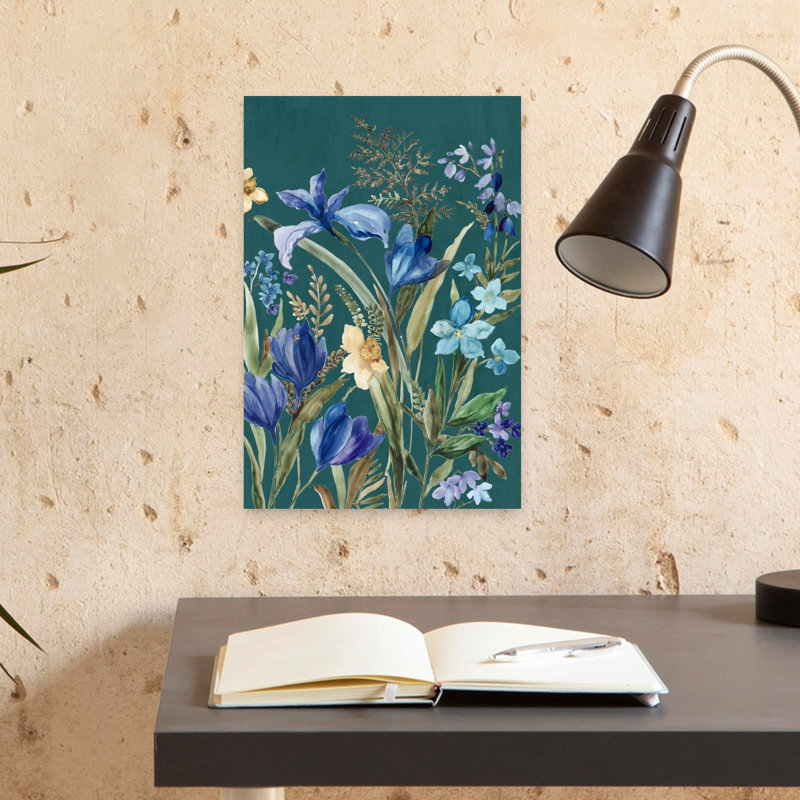 «Blossoms Against Teal Sky I», art mural contemporain abstrait, H 18 po x l 12 po