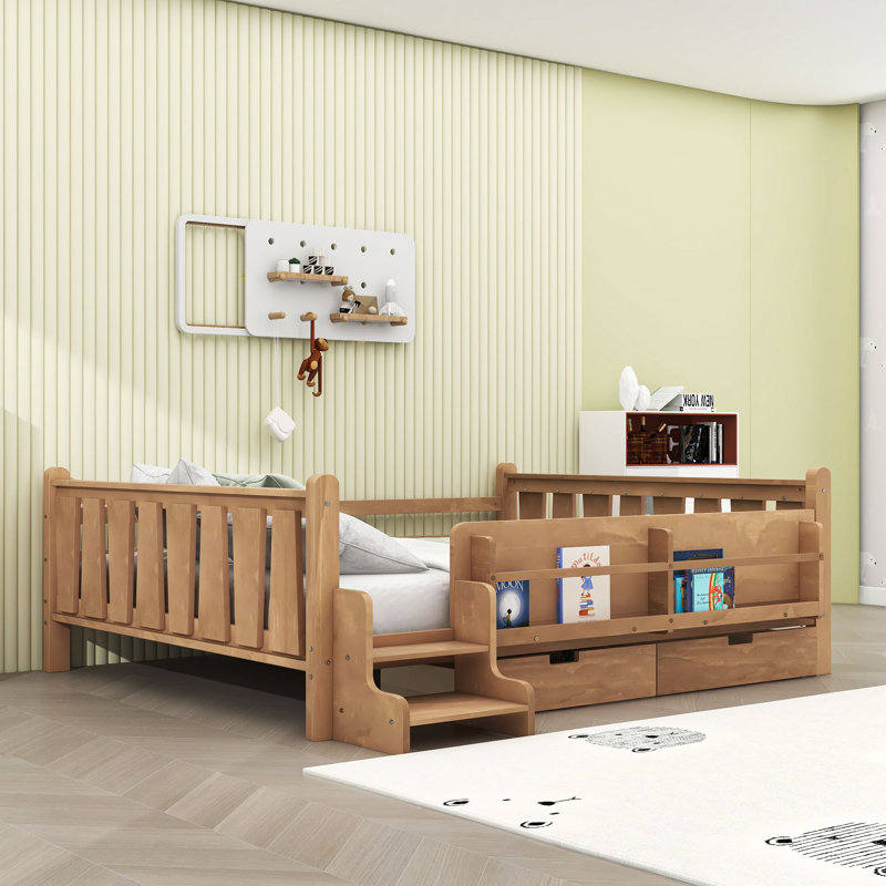 Lit sur pied avec bibliothèques de rangement et tiroirs, Naturel, Grand lit