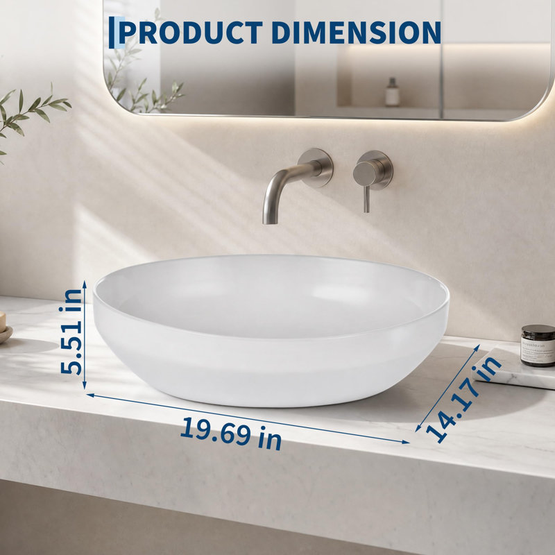 Vasque ovale en céramique à bords fins – 50 x 36 cm (19,69 x 14,17 pouces) – Vasque moderne en porcelaine blanche – Finition brillante à poser – Design artistique – Sans trou pré-percé pour robinetterie