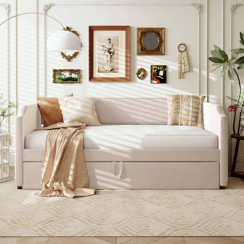 Velvet Upholstered Daybed With Pop Up Trundle, Beige