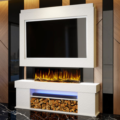 Evolution Fires Pre-Built Media Wall Package 3, finished in textured Venetian Plaster, includes Spectrum Series 44 Series 3-Sided Electric Fireplace