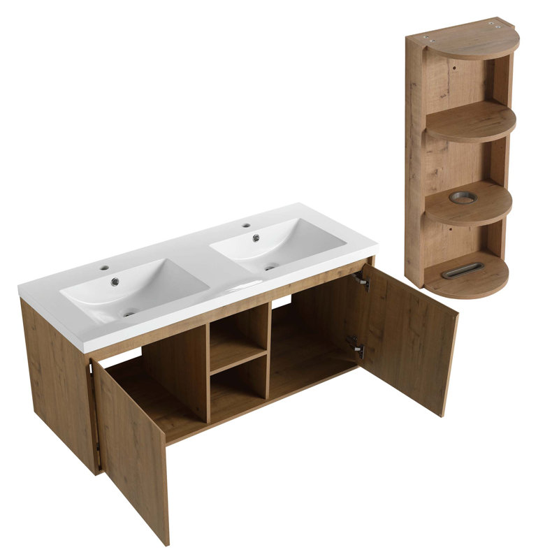 Meuble-lavabo mural 48 po avec double lavabo et support de rangement, portes à fermeture en douceur