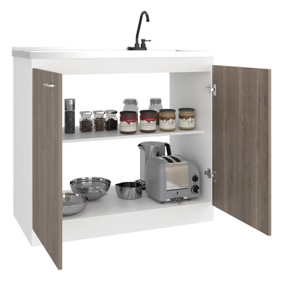 Évier utilitaire autoportant avec robinet et comptoir, tablettes intérieures pour armoire à deux portes, idéal pour les cuisines de bureau personnel, style moderne, robinet encastré en bois d'ingénierie, rangement, largeur 39,12 po