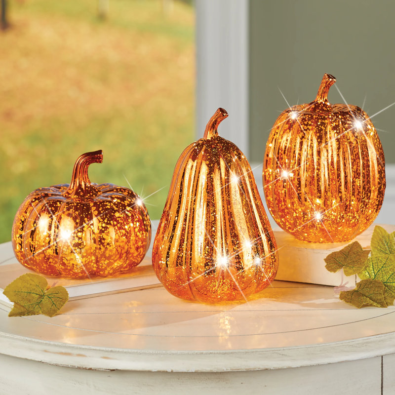 Lighted Faux Mercury-Style Pumpkins - Set of 3