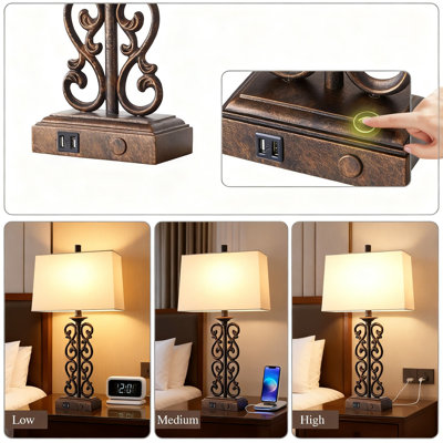 Lampe de table de style campagnard avec deux ports USB et une commande tactile à intensité variable à 3 voies, design rustique rétro pour le salon et la chambre à coucher, comprend une ampoule DEL