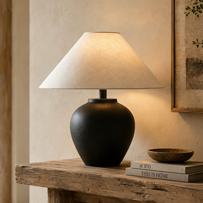 Rustic Black Ceramic Table Lamp With Linen Shade, Farmhouse Bedside Accent Lamp With Free LED Bulb, Cozy Nightstand Lamp For Living Room Bedroom Entryway