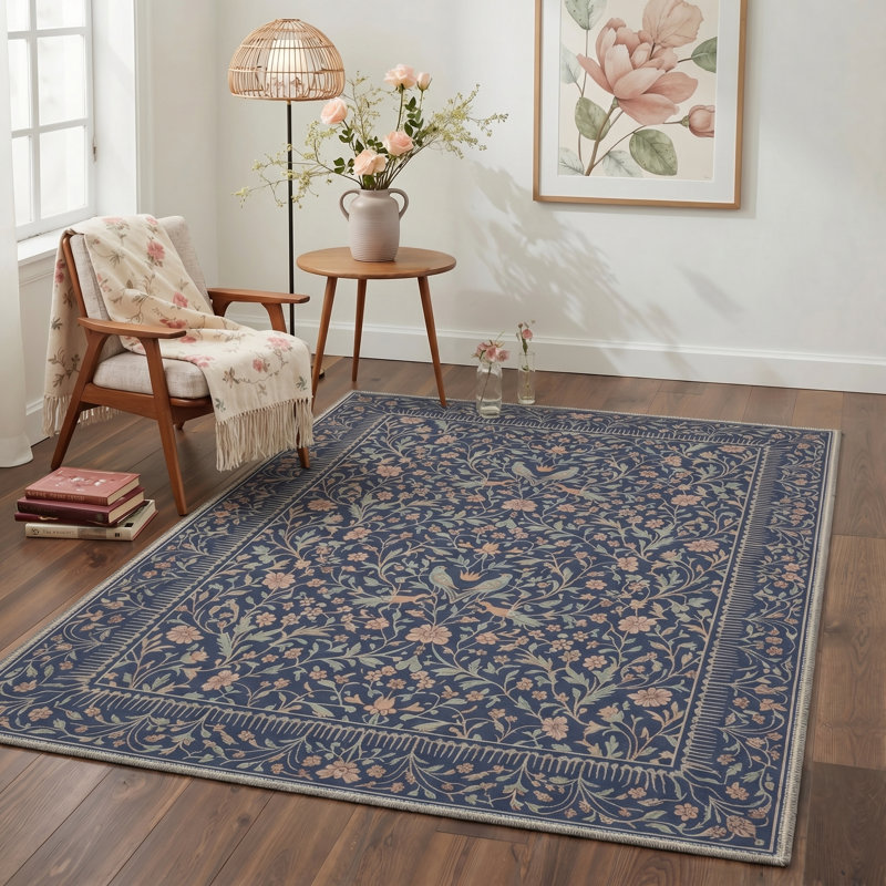 Tapis d'intérieur bleu floral lavable à la machine avec envers antidérapant Auraflora, Rectangle 84 po x 60 po