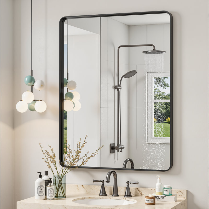 Lunara 1.18" Deep Rounded Corner Rectangular Bathroom Wall Mirror with Premium Tempered Glass & Aluminum Alloy Framed, Black