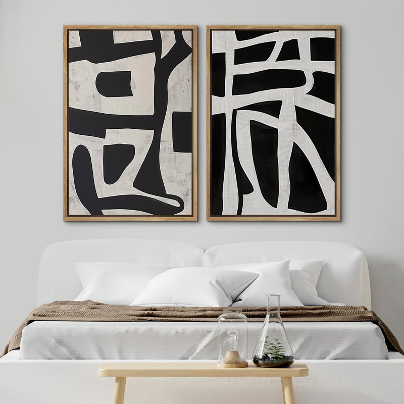 «Mid-Century Modern Brown Polygon Abstract Shapes», 2 pièces sur toile, H 24 po x l 16 po, Encadré naturel