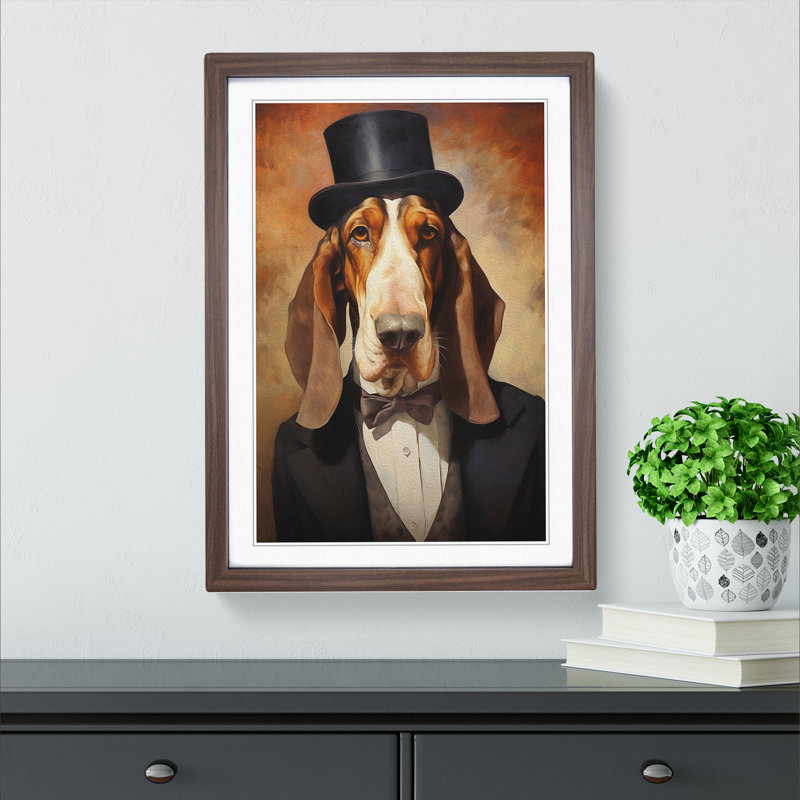 Basset Hound Impressionism - Single Picture Frame Print on Wood, 46cm H x 34cm W, Walnut Framed