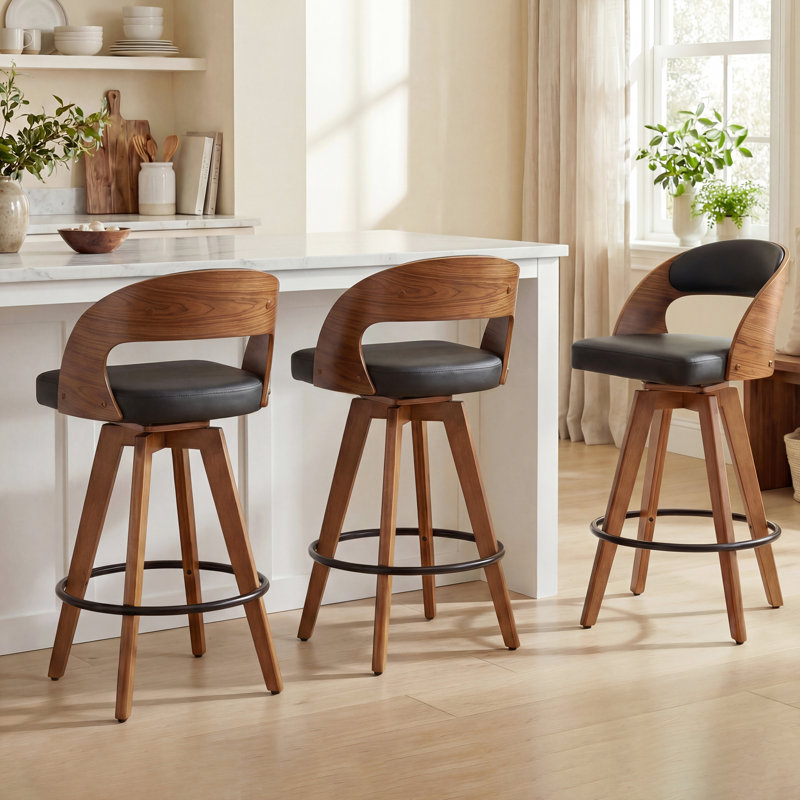 Ensemble de 3 tabourets de comptoir pivotants Deherrera, Counter Stool (26.78” Seat Height), Similicuir noir
