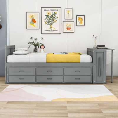  Alannis Twin Three Drawers Wood Platform Bed with Desk and Built-in Trundle