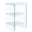 Three-tier bedside table: mdf top with white stickers, transparent tempered glass sides, simple design with storage (112 characters)