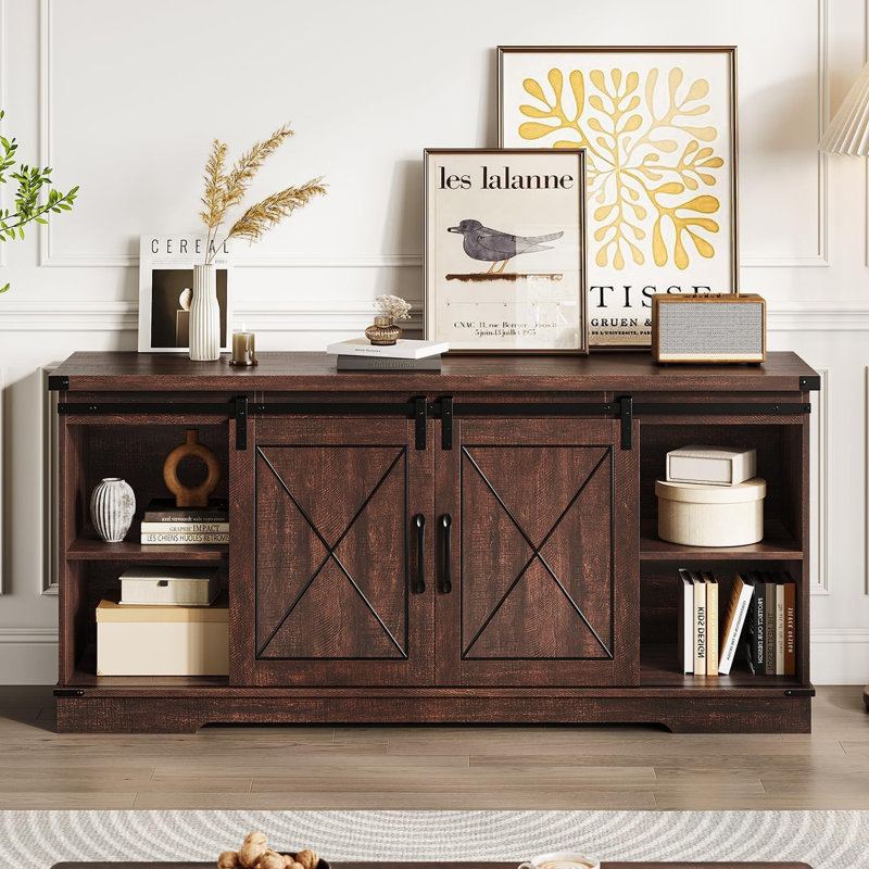 Brown Farmhouse TV Stand with Sliding Barn Doors and Adjustable Shelves
