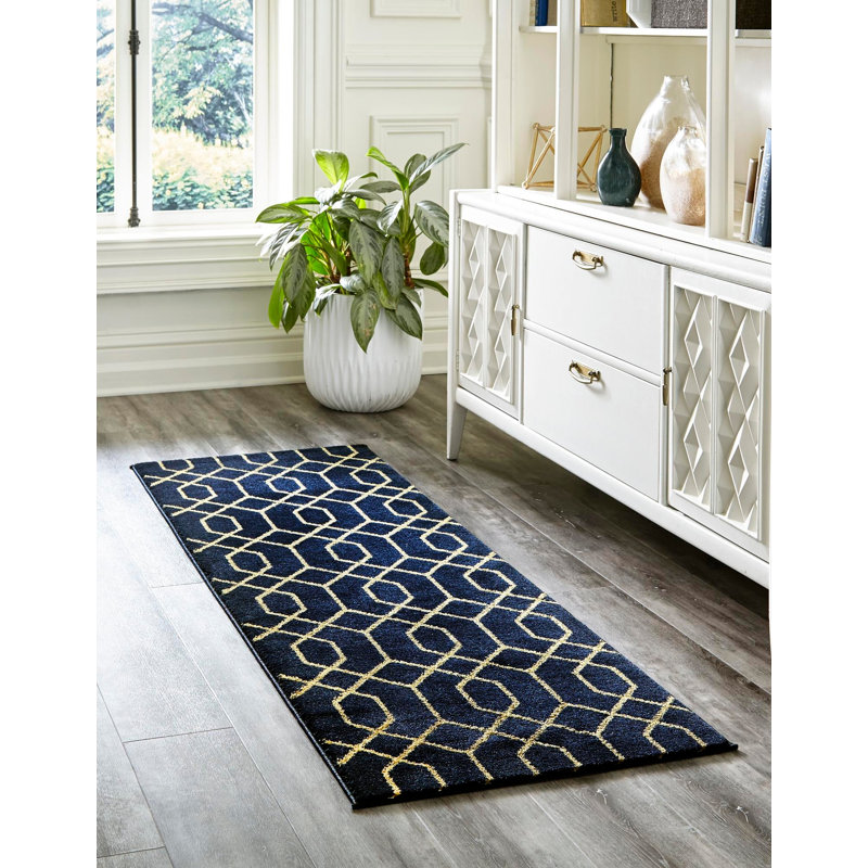 Glam Navy Blue Gold Area Rug, Runner 2'7" x 12'