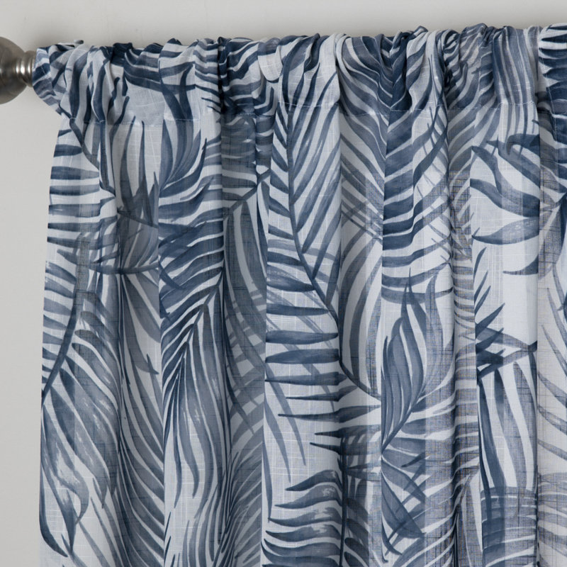 Alecsis 100% Polyester Semi-Sheer Fern Patterned Curtain Panel with Rod Pocket Top, Navy, 50" W x 84" L