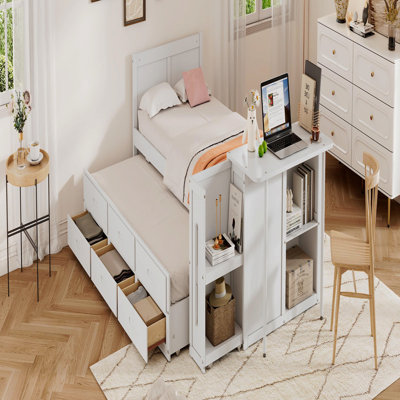 Twin Size Multifunctional Wood Platform Bed With Desk And Storage Shelf At The End Of The Bed, Built-In Trundle And 3 Drawers