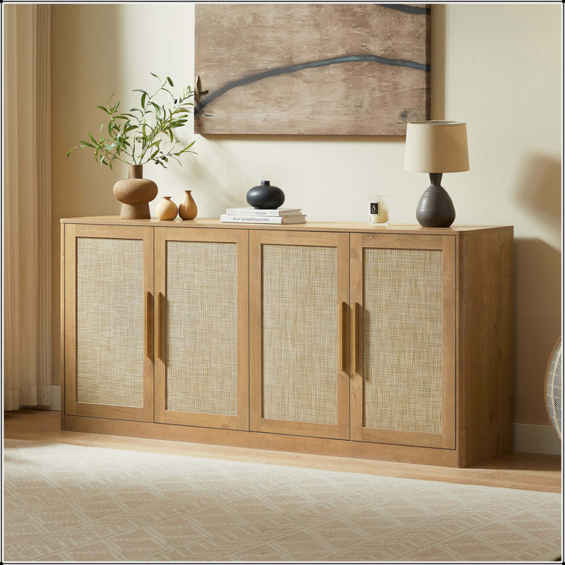 Boho 4-Door Rattan Buffet Cabinet, 67" Large Caramel Oak Sideboard Credenza For Living Room, Hallway & Kitchen (Dimensions: 67''W X 15.75''D X 31.5''H)
