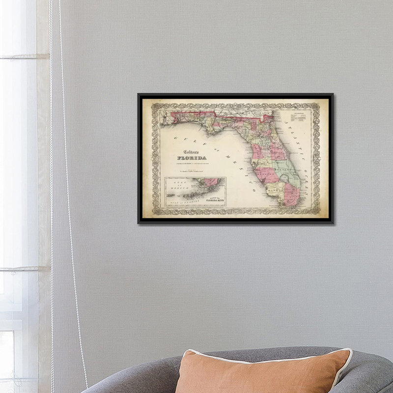 «Florida Map, 1863», impression sur toile, H 18 po x l 26 po x P 1,5 po, Toile avec cadre noir, Pas de tapis
