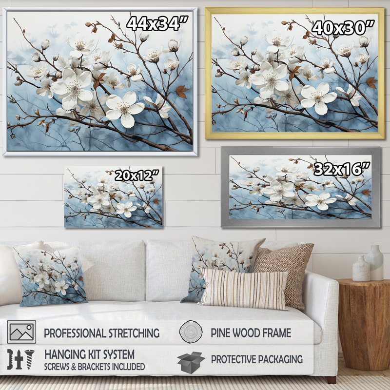 Harmonie V blanche sur cornouiller blanc sur toile, Cadre de coin blanc fermé, H 12 po x l 20 po x P 1 po
